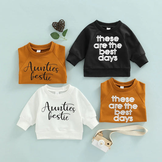 Baby Long Sleeve Sweatshirt – Cotton Blend Letter Print Pullover for Girls, Soft Casual Top