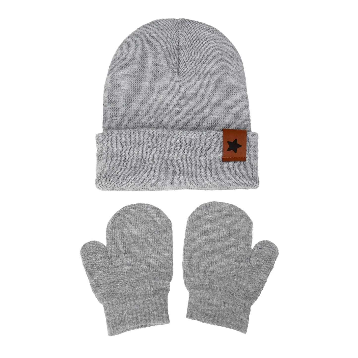 Baby Knitted Hat and Glove Set | Solid Winter Turban with Leather Star Tag