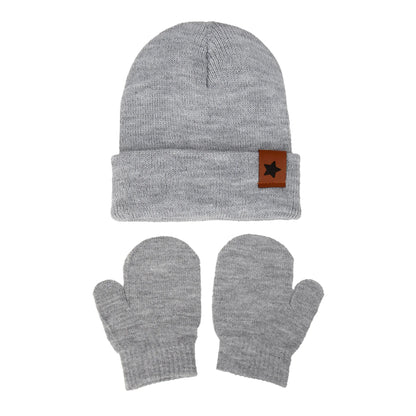 Baby Knitted Hat and Glove Set | Solid Winter Turban with Leather Star Tag