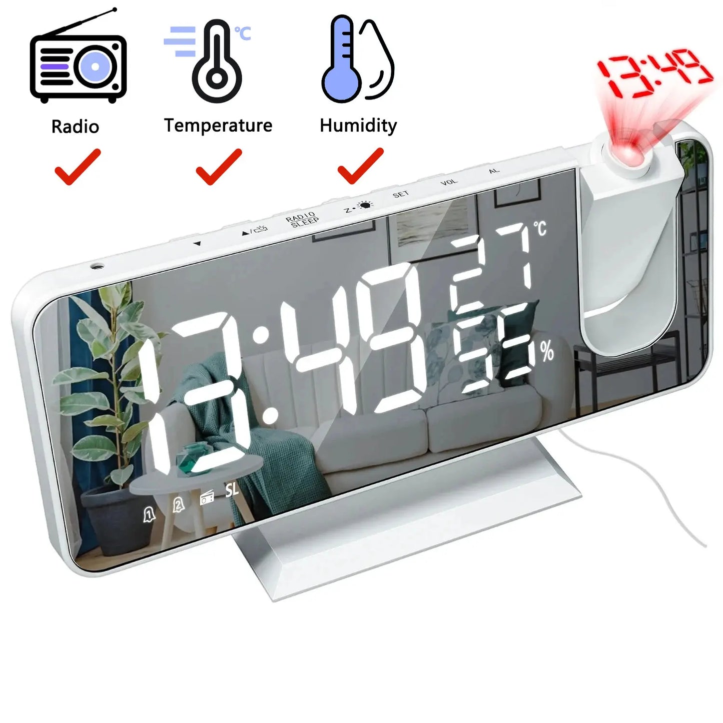 HD Projection Alarm Clock Large LED Display Digital Smart Radio Auto Dimming