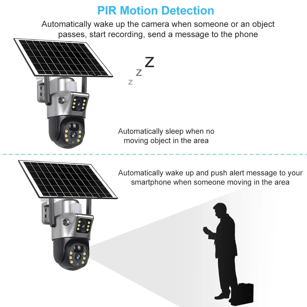 4G WiFi Solar Security Camera Dual Lens 8MP 4K PIR Night Vision Outdoor CCTV