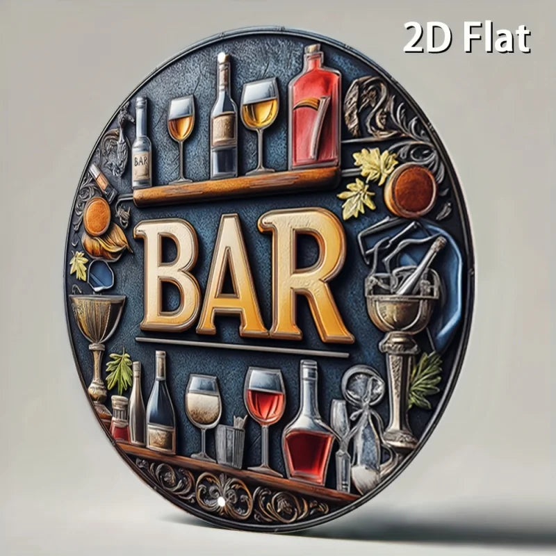 Plano 2D, 1 señal de barra de metal vintage - Elegante diseño de vino y copas, arte de pared redondo retro de aluminio para bares, cafeterías, casas de playa
