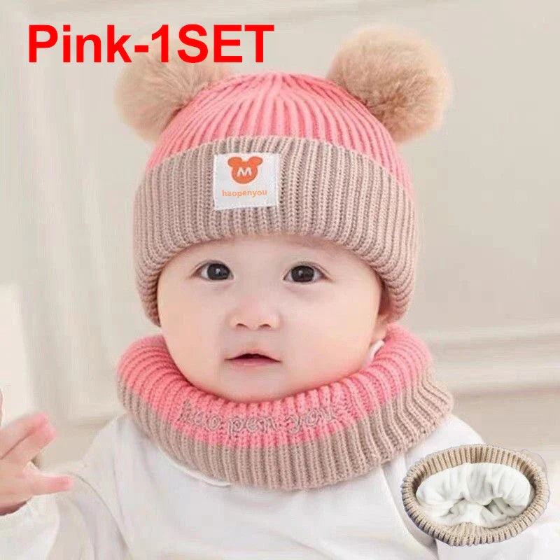 Lindos sombreros de invierno cálidos para niños y niñas, gorros de lana con dobladillo de vellón y pompón, gorros de lana sólida con protección para las orejas, gorros suaves para recién nacidos.