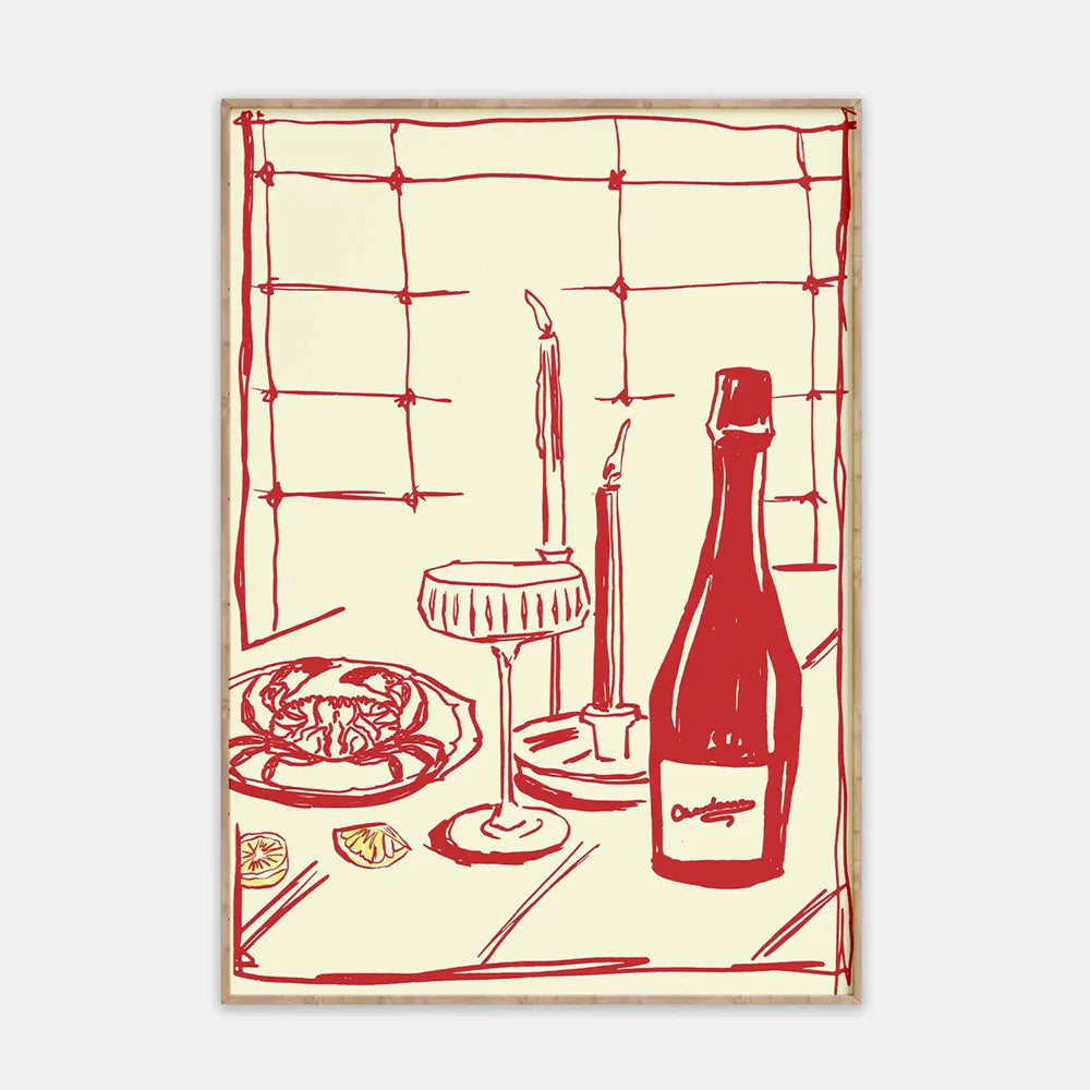 Décoration murale moderne avec un crabe et du vin, dessinée à la main en rouge, pour cuisine rose, salon, chambre à coucher