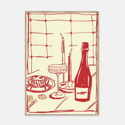 Décoration murale moderne avec un crabe et du vin, dessinée à la main en rouge, pour cuisine rose, salon, chambre à coucher