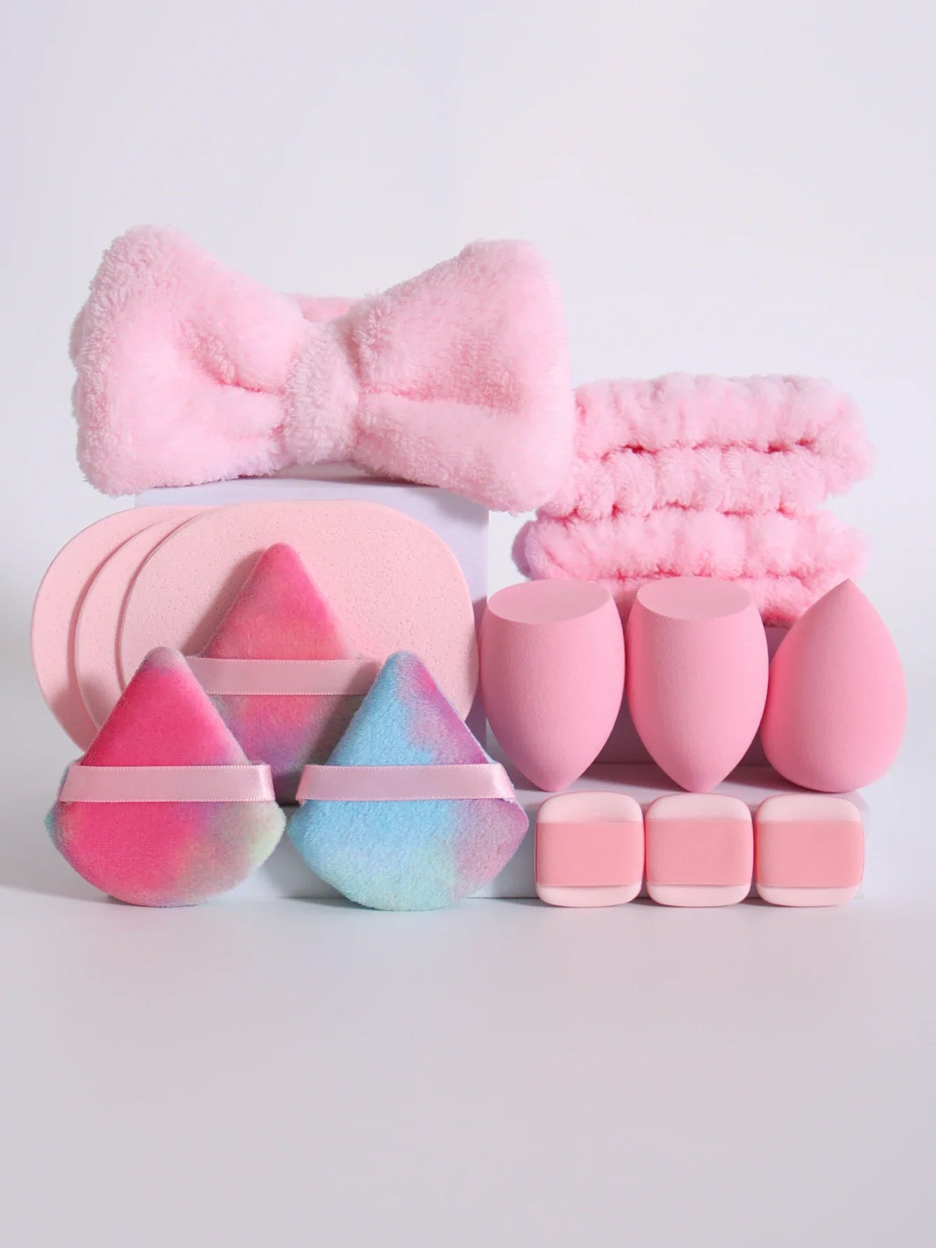 15Pcs Multi-Colored Fluffy Headband and Makeup Sponge Set | Sweet Style Beauty Kit