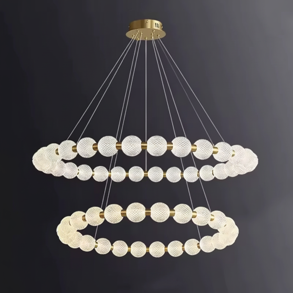 Alabaster Ring Chandelier – Gold Beaded LED Luxury Ceiling Light