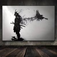 Affiches et impressions murales d'homme samouraï noir japonais en noir et blanc avec corbeaux, tableau sur toile pour salon, décorations Cuadros