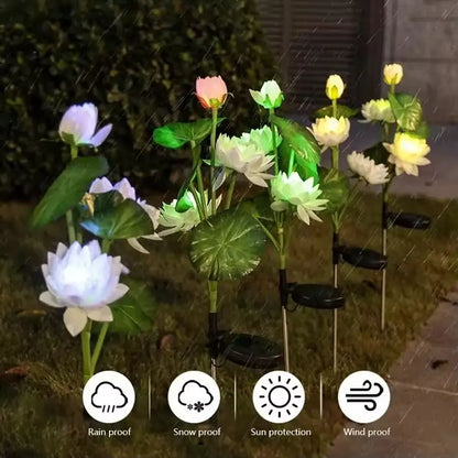 1 luz solar LED de loto de 3 cabezas, lámpara de césped impermeable para exteriores, iluminación de paisaje para jardín, patio, césped, terraza, parque, plaza