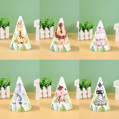 Chapeaux en papier Animaux de la Jungle - Joyeux Anniversaire - Décoration de fête pour enfants Safari, Animaux Sauvages, Un An - Fournitures de décoration de douche de bébé