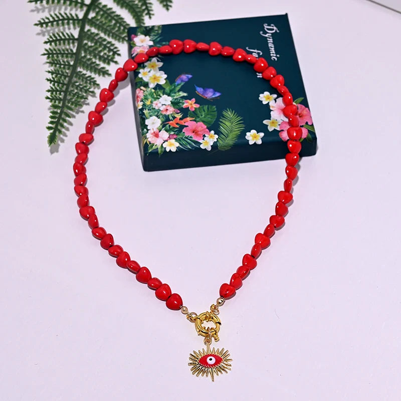 Heart Choker Necklace with Colorful Beads | Bohemian Eye Pendant Set for Women