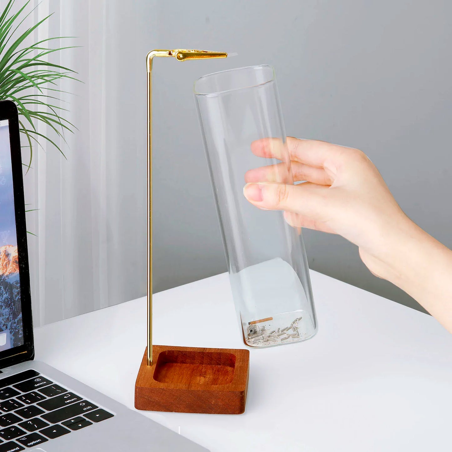 Brûleur d'encens en verre Support d'encens en bois pour bâtonnets avec cendrier en verre anti-cendres volantes pour yoga et décoration intérieure