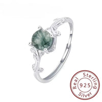 S925 Sterling Silver Green Moss Agate Ring | Classic Women's Wedding Band