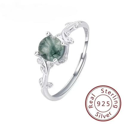 S925 Sterling Silver Green Moss Agate Ring | Classic Women's Wedding Band