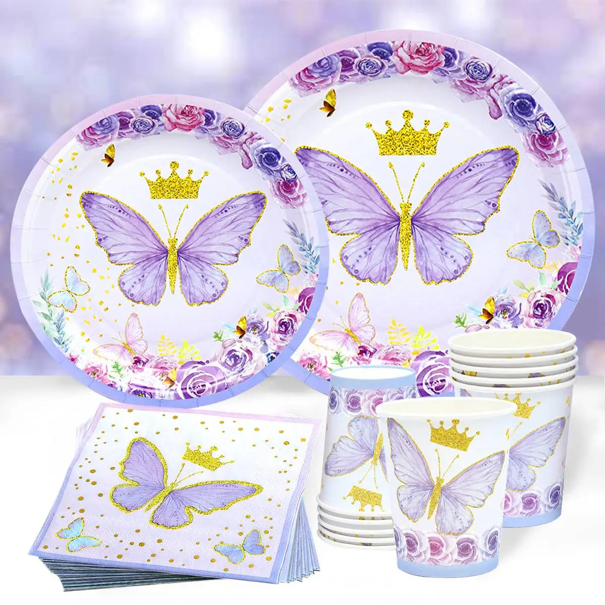 Vaisselle jetable Papillon Violet Serviette Papillon Décoration de Fête d'Anniversaire Fille Baby Shower Baptême Révélation de Genre Fournitures