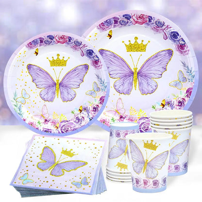 Vaisselle jetable Papillon Violet Serviette Papillon Décoration de Fête d'Anniversaire Fille Baby Shower Baptême Révélation de Genre Fournitures