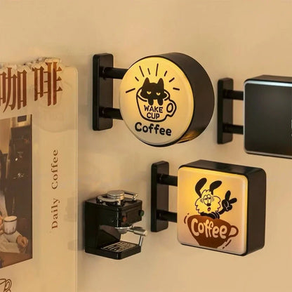 Imán de nevera Retro Coffee Corner Imán de nevera luminoso Imán magnético para el hogar en miniatura Tablero perforado de cafetería Decoración brillante