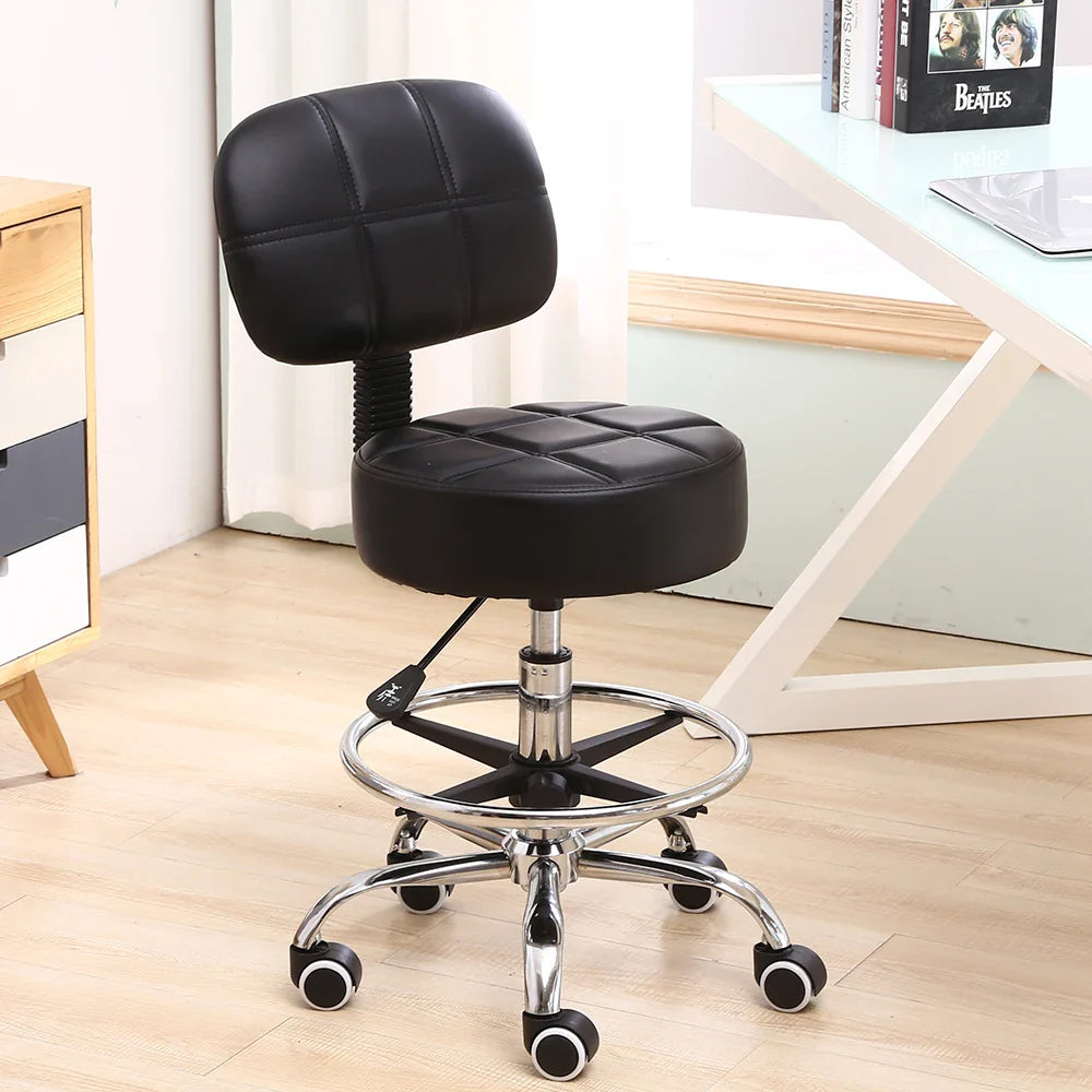 Taburete giratorio con ruedas de cuero sintético, altura ajustable, silla de dibujo con respaldo