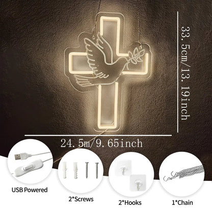 Cross Led Neon Sign, Warm White Dove Icon Usb Powered For Jesus Church, Wedding,Home, Easter Activities Decor, Easy To Hang.