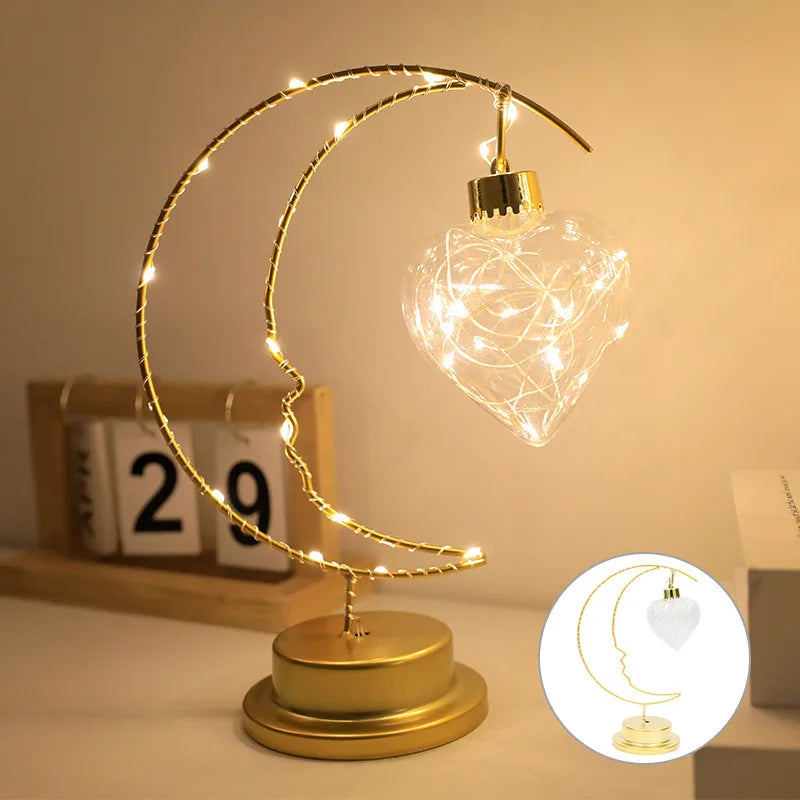 Moon Star LED Night Light Heart Iron Decor Indoor Lamp Gift Bedroom Ornament