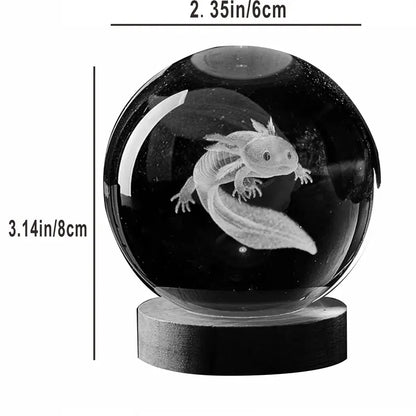 3D Axolotl Crystal Ball Night Light | LED Laser Engraved Glass Decor Lamp Gift