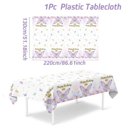 Vaisselle jetable Papillon Violet Serviette Papillon Décoration de Fête d'Anniversaire Fille Baby Shower Baptême Révélation de Genre Fournitures