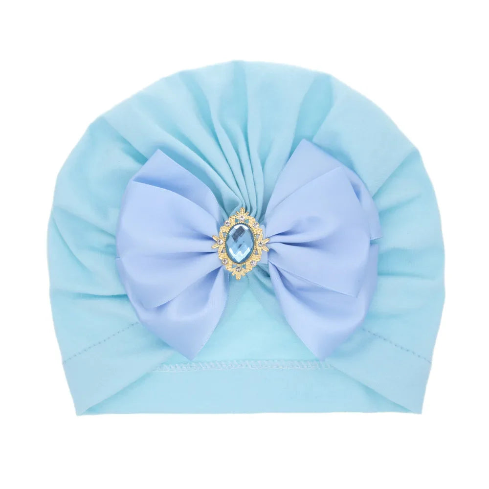Solid Color Baby Turban Bow Beanie with Rhinestone | Handmade Infant Cap for Girls 0-2 Years