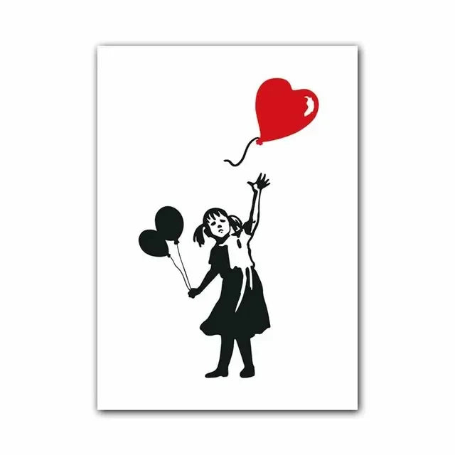 Niña y Globo Rojo Arte de Banksy Pintura en Lienzo con Caracteres Nórdicos Mural Póster para Sala de Estar Dormitorio Bar Decoración del Hogar