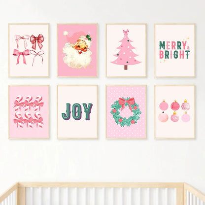 Arte de pared moderno y sencillo, árbol de Navidad rosa, Papá Noel, impresión en lienzo HD, póster, decoración para sala de estar, dormitorio