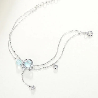 Aquamarine Crystal Encrusted Sterling Silver Bracelet | Double Layer Charm Bracelet