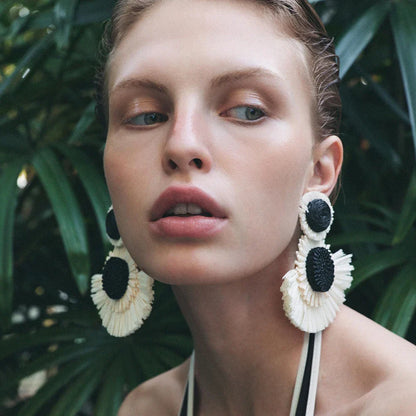 Black And White Raffia Fan Dangle Earrings | Bohemian Tribal Handmade Jewelry