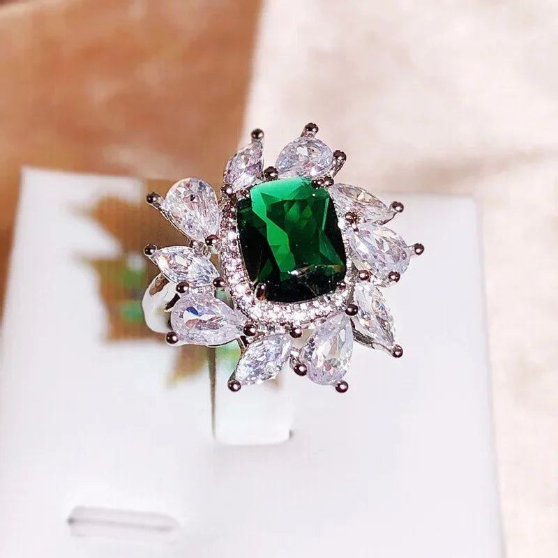 925 Silver Square Zircon Ring | Colorful Water Drop Cocktail Ring for Women