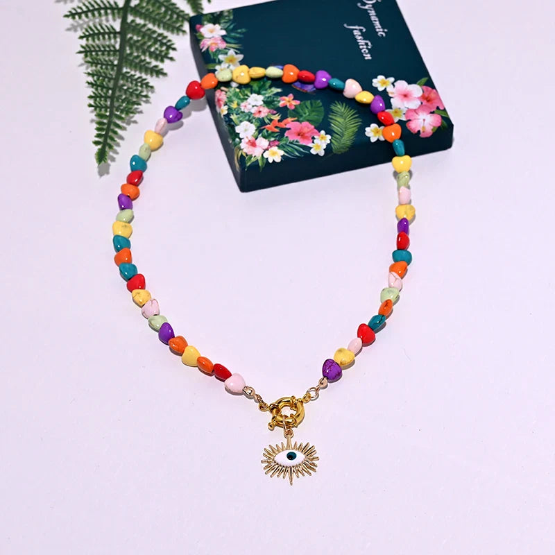 Heart Choker Necklace with Colorful Beads | Bohemian Eye Pendant Set for Women