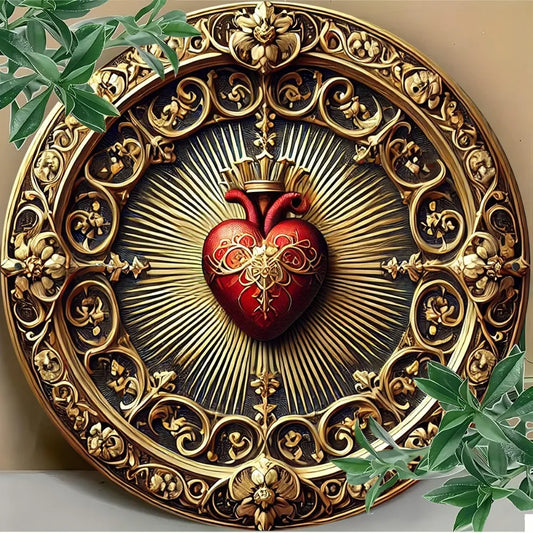Arte de Pared Vintage del Sagrado Corazón de Aluminio - Decoración Religiosa Dorada y Roja, Arte Espiritual para el Hogar u Oficina