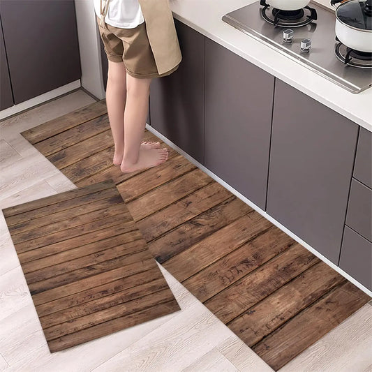 VIKAMA 1/2PCS Vintage Wooden Kitchen Floor Mat Comfort Non-Slip Interior Area Foot Mat Home Decor Laundry Balcony Carpet