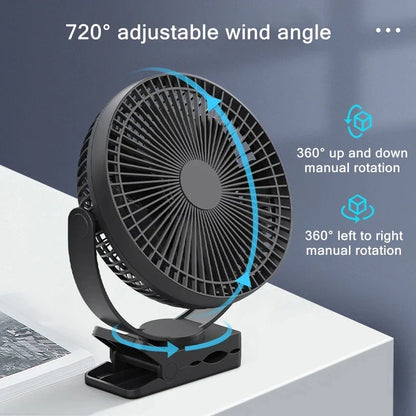 Portable Clip-On Fan | 10000mAh Battery Operated with 4-Speed Settings | USB Rechargeable for Home and Outdoor Comfort