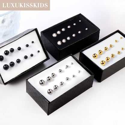 Stainless Steel Ball Stud Earrings Set 6 Pairs | Minimalist Round Clip Earrings for Women Girls