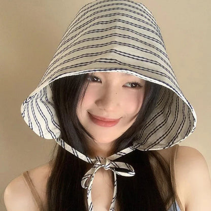 Women's Large Brim Foldable Bucket Hat with Chin Strap | Korean Style Striped Panama Sun Hat