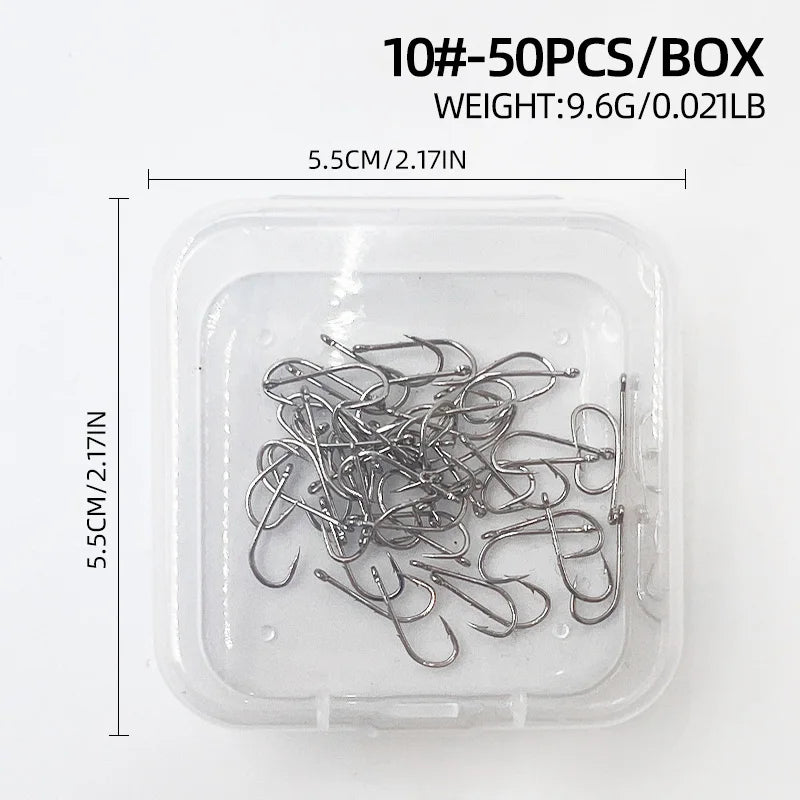 ShareShark 50-Piece High Carbon Steel Fishing Hooks with Barbed Curved Mouth | Long Shank Saltwater Hooks