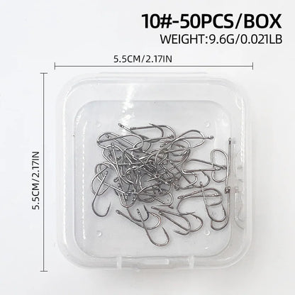 ShareShark 50-Piece High Carbon Steel Fishing Hooks with Barbed Curved Mouth | Long Shank Saltwater Hooks