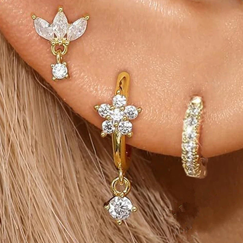 Gold Circle Hoop Earrings Set | Stainless Steel Zircon Flower Stud Jewelry