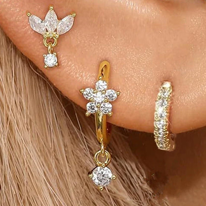 Gold Circle Hoop Earrings Set | Stainless Steel Zircon Flower Stud Jewelry