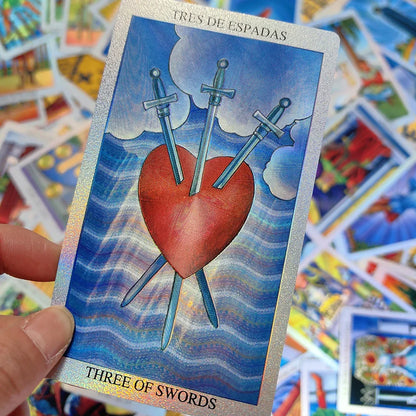 Jeu de cartes de divination laser Tarot espagnol en feuille d'or pour débutants 12x7cm avec guide bilingue