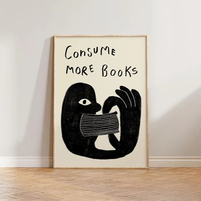 Retro Book Wall Art Reading Print Gift For Book Lovers Hand Drawn Illustration Wall Art Consume More Books Print, Cool Liter