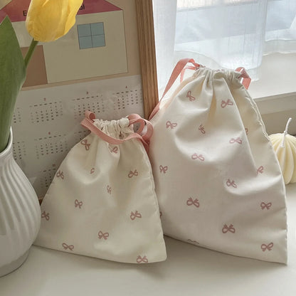 Korean Bow Storage Bag Canvas Sweet Kawaii Girl Artsy Drawstring Bag Lipstick Portable Makeup Bag Travel Organizer Accessories