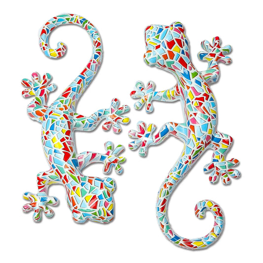 2 pcs Resin Gecko Wall Decor, Garden Yard Decoration,Water Transfer Colorful Lizard Garden Art For Outdoor And Indoor Decoration