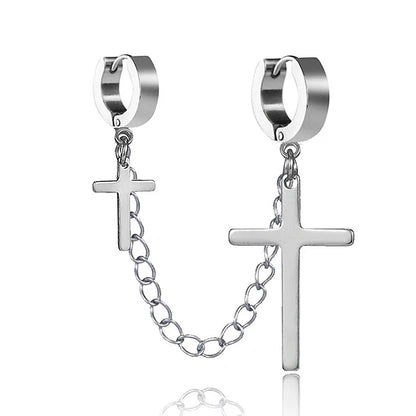 Fashion Punk Cross Pendant Clip Earring | Unisex Metal Chain Tassel Ear Cuff