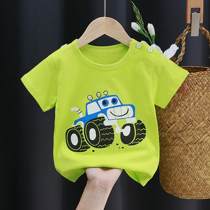 Camisetas y playeras infantiles de verano, 100 % algodón, con estampado gráfico, ropa para niño, estilo coreano, ropa para niña, auto de dibujos animados, 2026, artículos para bebé