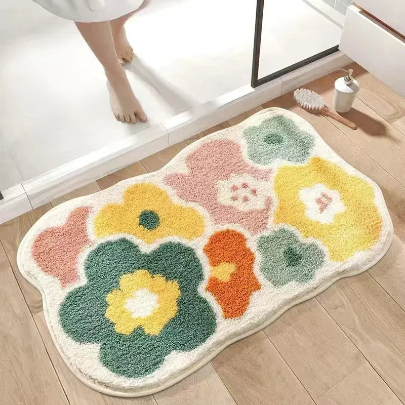 VIKAMA | Tapis en imitation cachemire à motif floral frais - Antidérapant, Tapis de bain absorbant/Paillasson de salon/Tapis de sol polyvalent