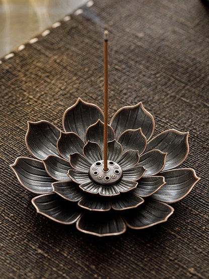Brûleur d'encens 2-en-1 en alliage | Porte-bâtonnet de santal en métal avec motif lotus zen